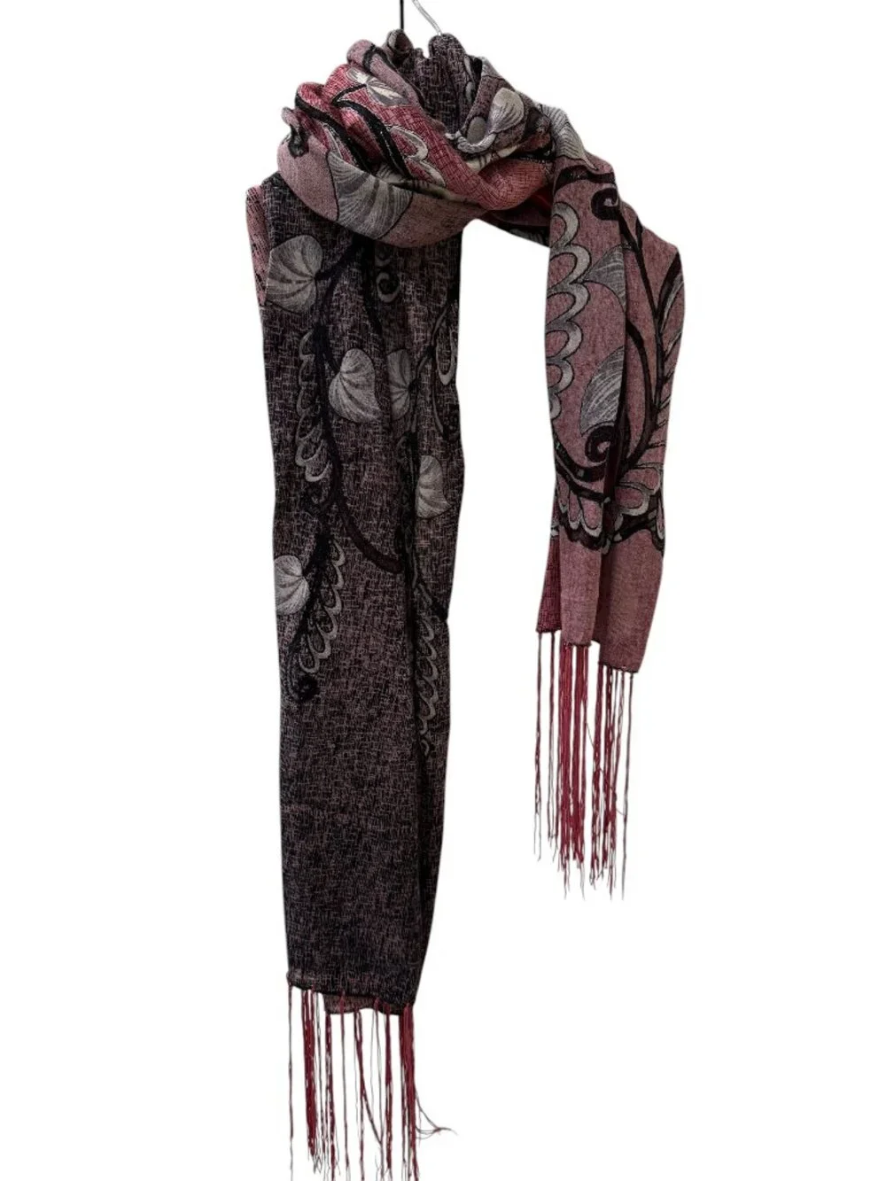Floral Pattern Fringe Scarf – Mauve / Plum Tones – 60” x 16”